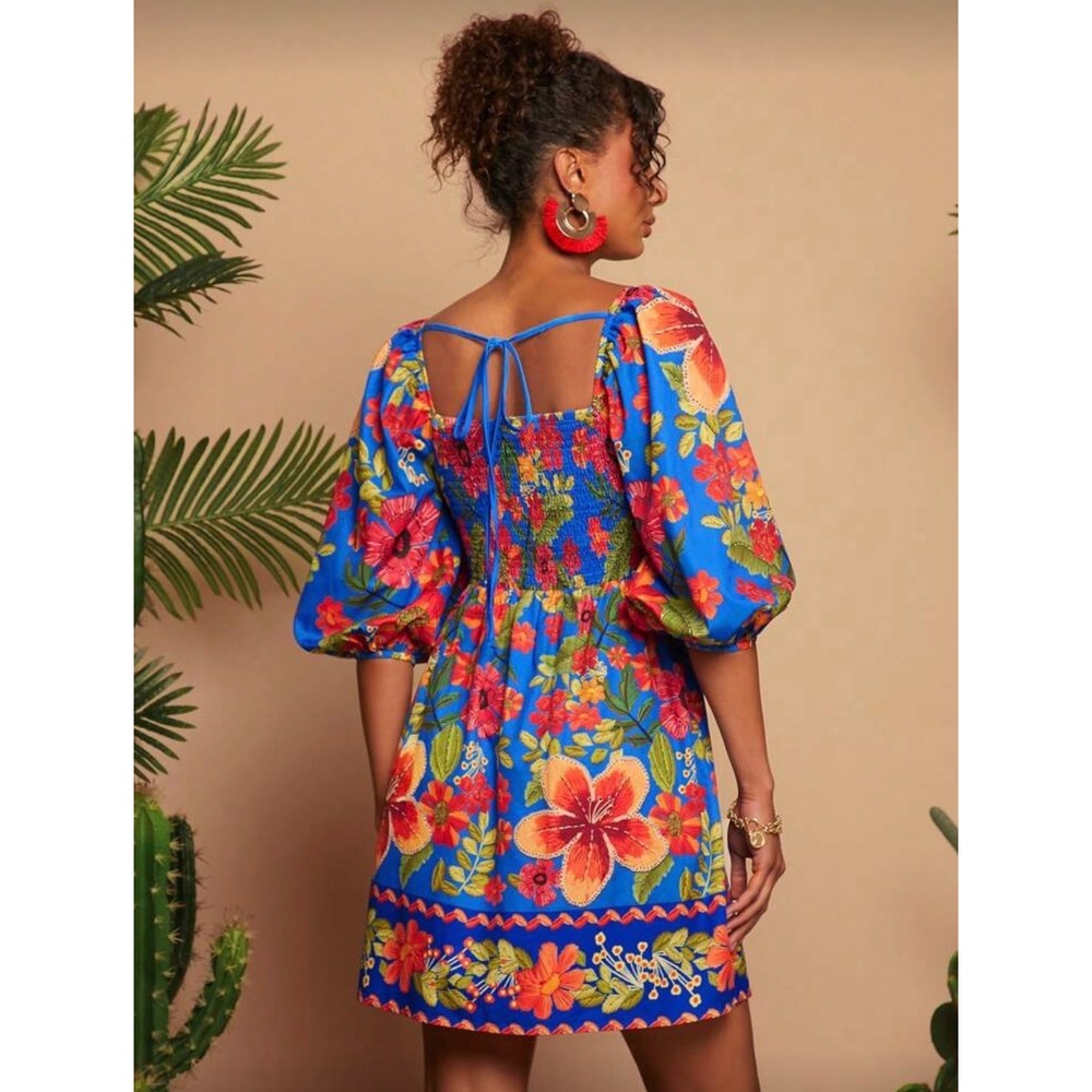 Blue Tropical Floral Smocked‎ Back Puff Sleeve Mini Dress Large - Picture 2 of 10